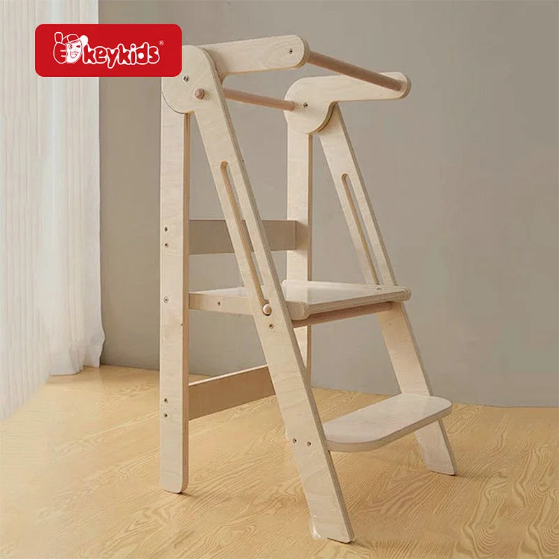 3 in 1 Foldable Wooden Kids Kitchen Counter Stepping Stool with Safety Rail W08G403